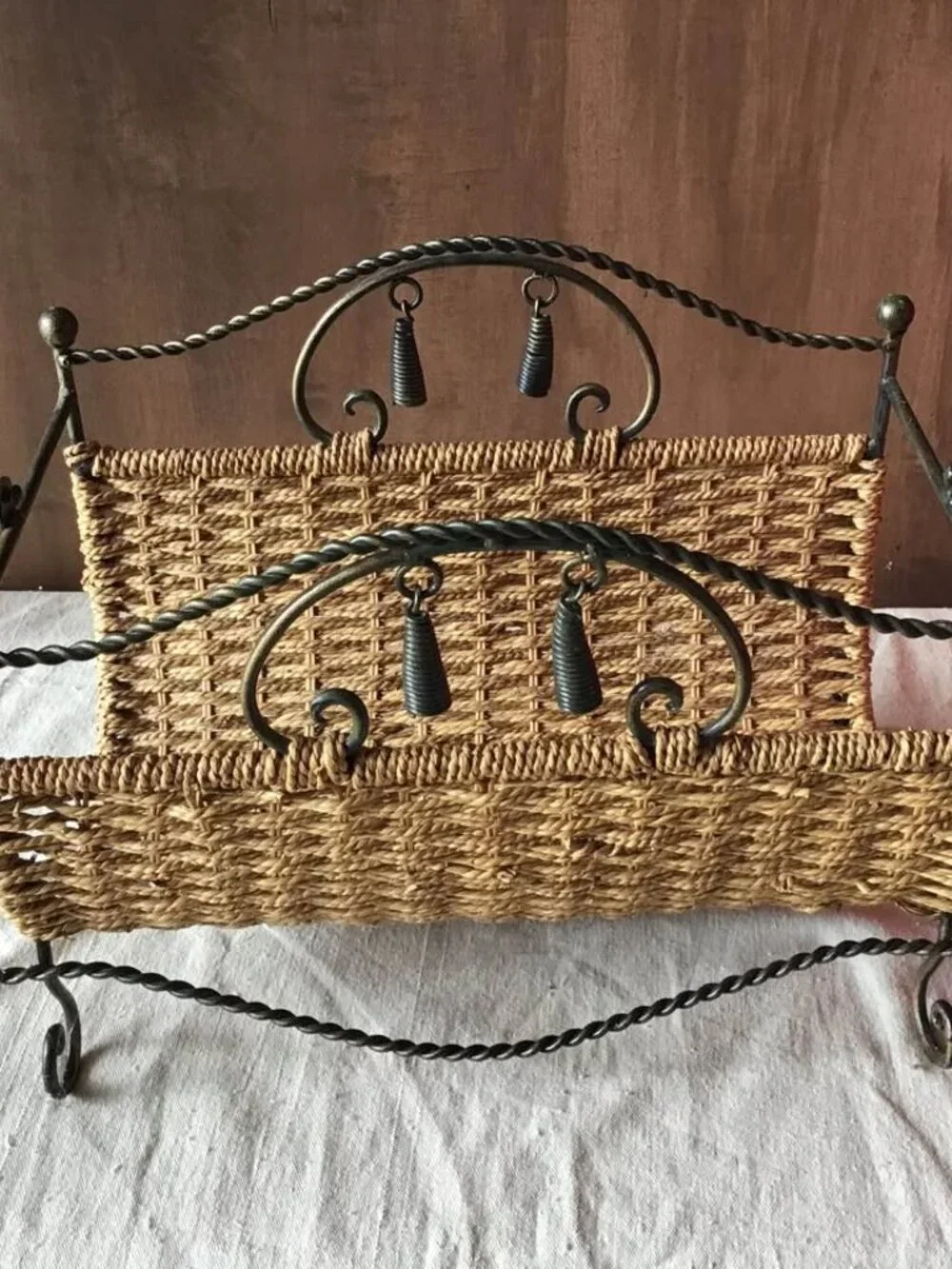 Vintage-Inspired Wicker & Metal Magazine Holder / Basket